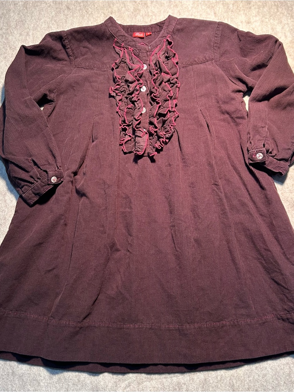 Wati Girls Purple Corduroy Ruffle Blouse Tunic Dress Floral Embroidery Size 10